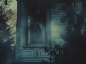 A ghost peering out of a window of a haunted house